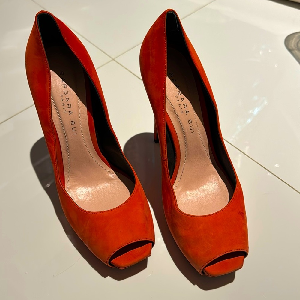 Barbara Bui suede platform open toe pumps hot orange cayenne 37.5